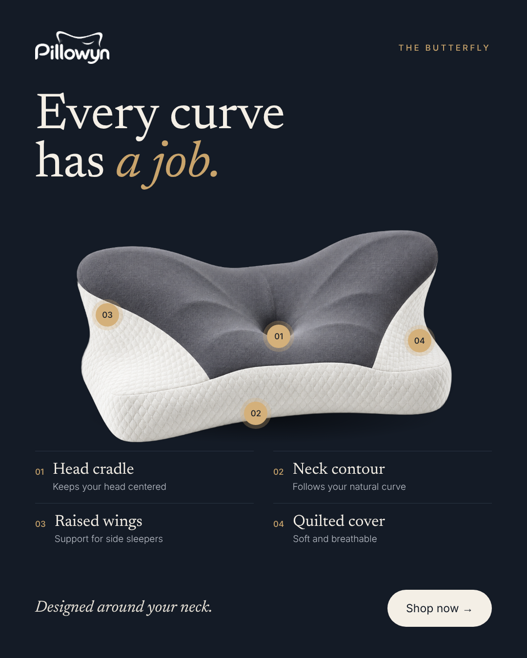 Pillowyn Butterfly Pillow – ergonomic memory foam neck pillow